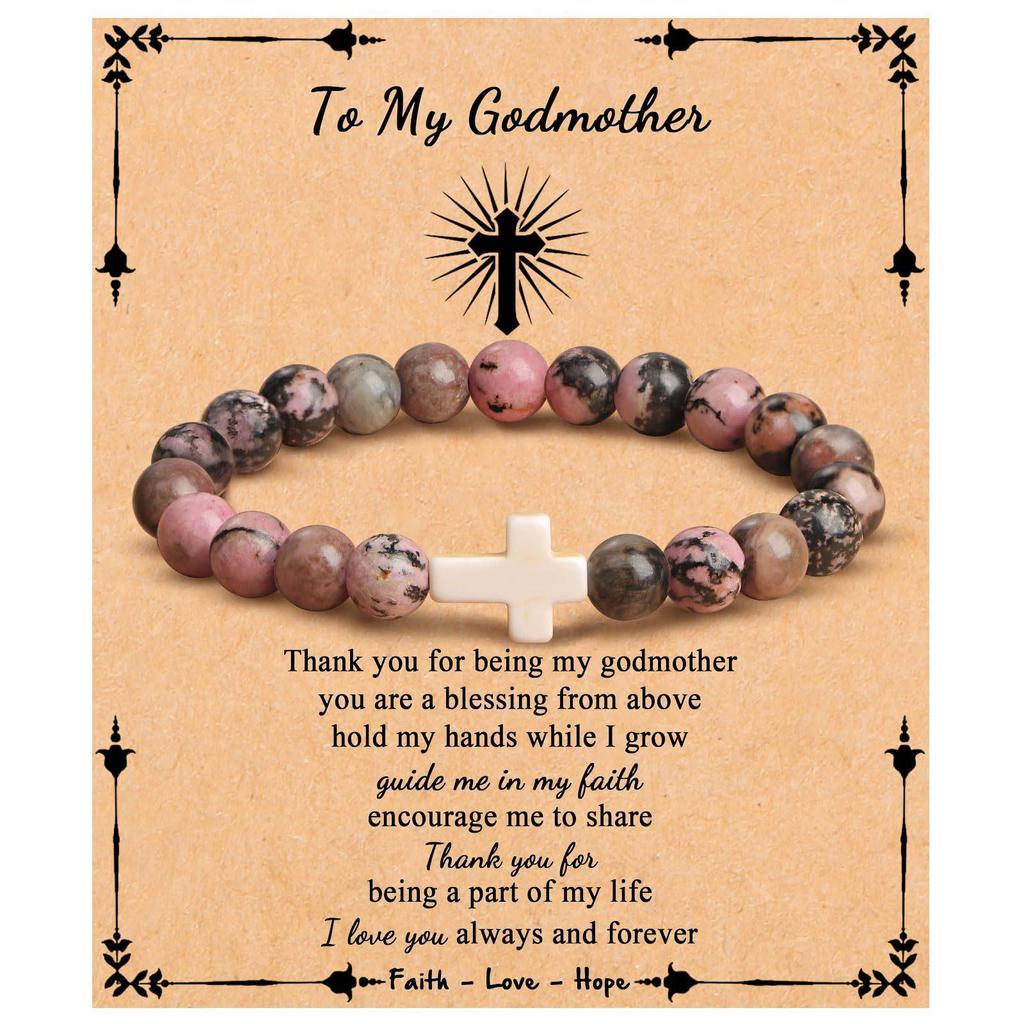 Emperor Stone Pink Zebra Beaded Bracelet with Cross Charm