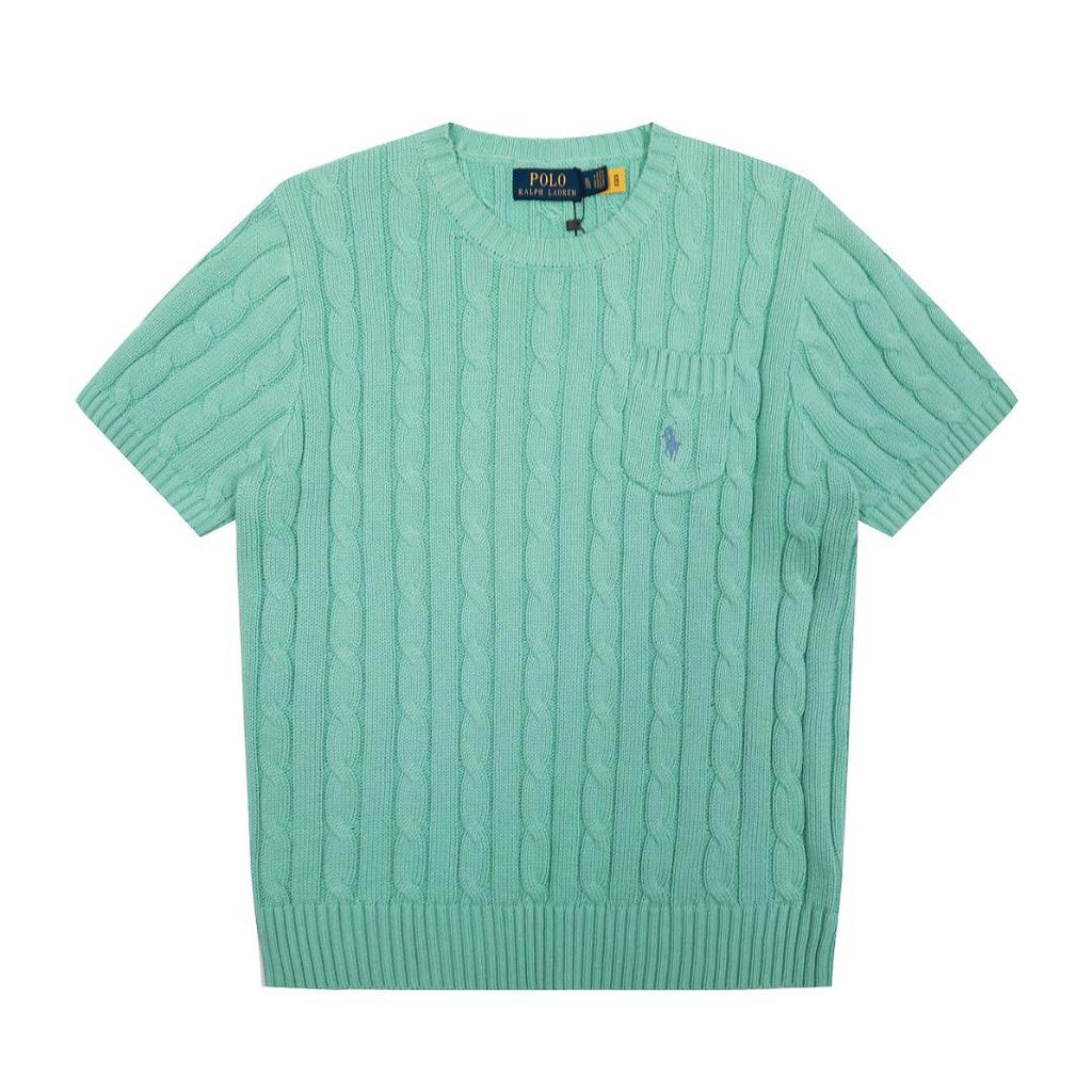 Unisex Rundhalsad Stickad Topp med Broderad Liten Häst och Ficka – Lös Passform, Högkvalitativ Parstil Kortärmad