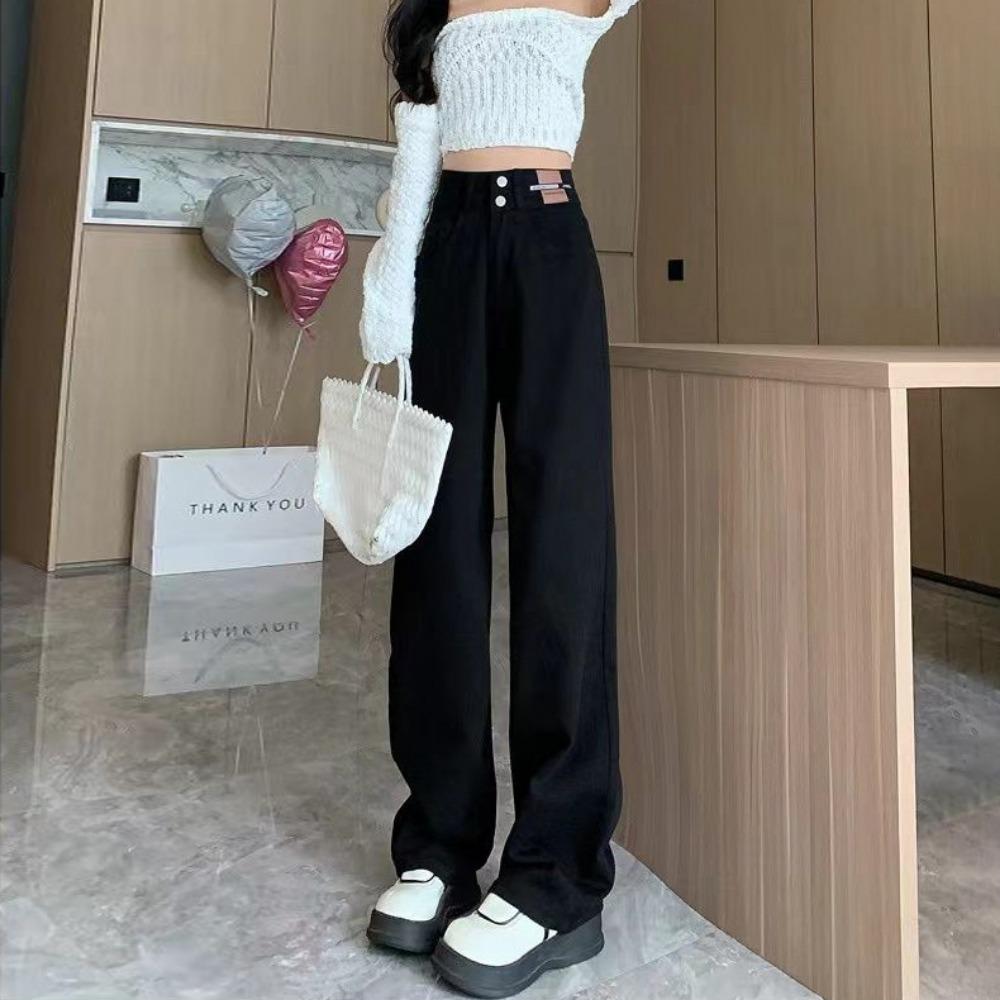High Waist 2025 Autumn and Winter Black Wide-leg Straight Jeans Women's Loose and Thin New Drape Mopping Ins