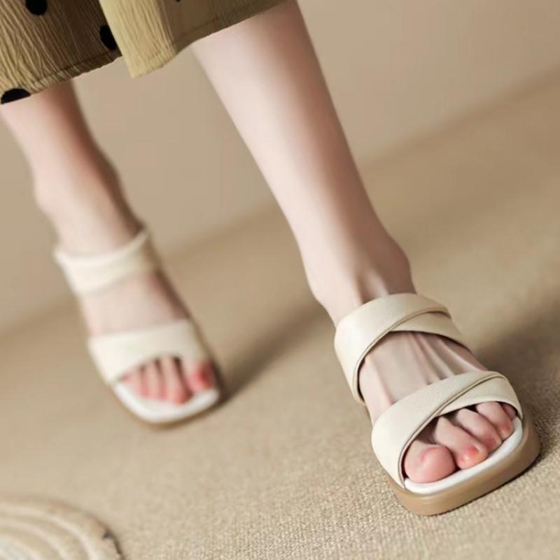 Fashion Square heel Low Slippers Women Summer Female Shoes Slides Heeled Mules Fashion Block 2024 High Luxury Rome Fabric Rubber PU Hoof