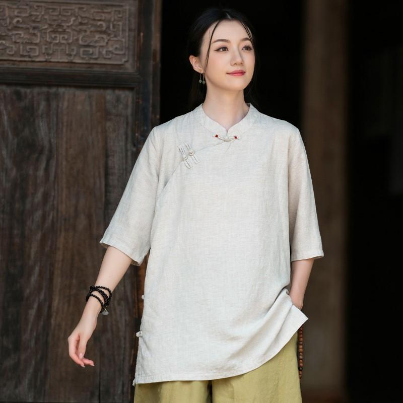 

Johnature Винтажные женские рубашки стойка рукав три четверти однотонные блузки лето пуговицы китайский стиль свободные рубашки One Size бежевый