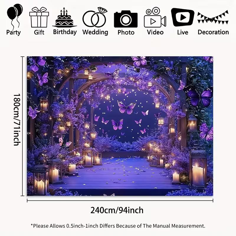 2D Purple Floral Arch Backdrop with Lanterns & Butterflies for Wedding Ceremony