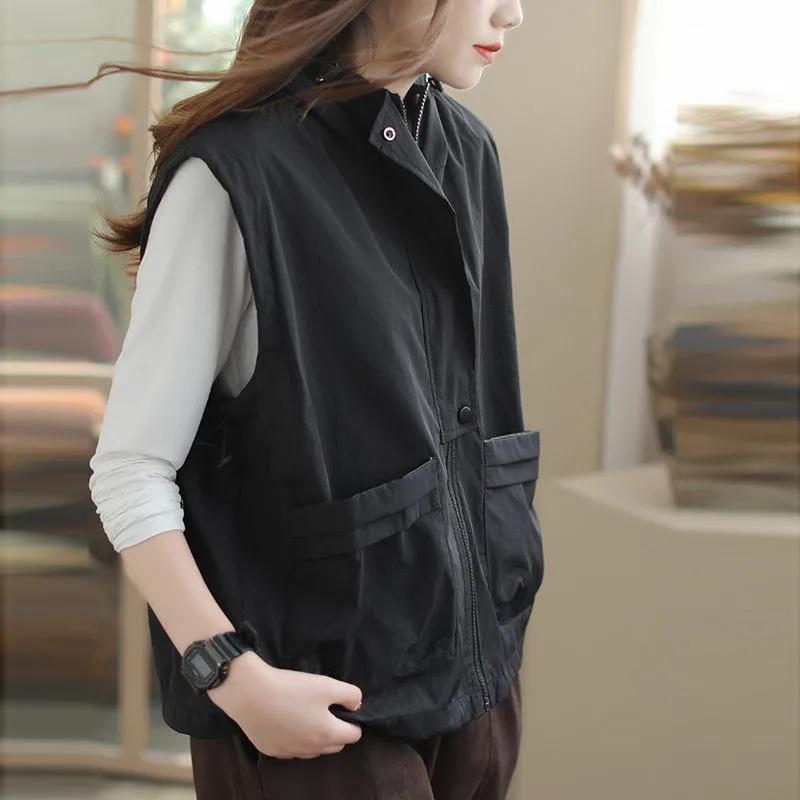 Hooded Women's Vest Spring and Autumn Jacket Women's Casual Tooling Loose Retro Vest Waistcoat