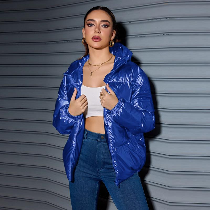 Winter Trendy Shiny Hooded Down Coat Women Long Sleeve Solid Color Slim Fit Cotton Warm Parkas Jacket