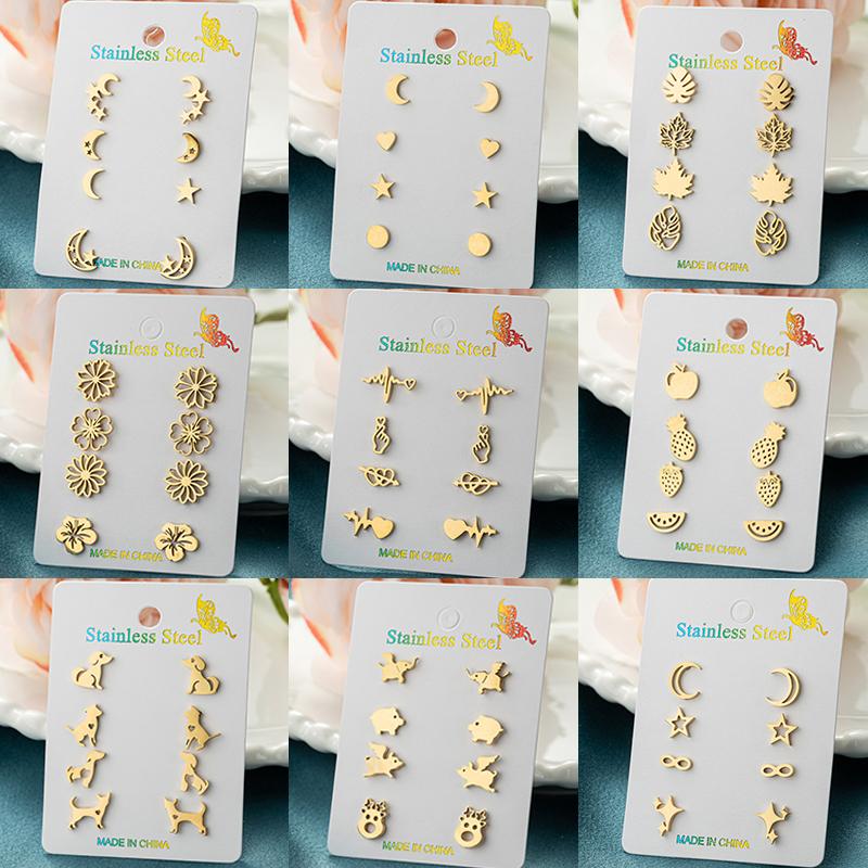 4Pairs/Lot Fashion Stainless Steel Star Moon Stud Earrings Sets for Women Small Flower Porker Dog Earings Jewelry Gift
