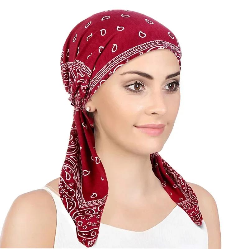 New Muslim Women Soft Turban Hat Headbands Pre-Tied Head Scarf Printed Ladiess Cotton Chemo Cap Inner Hijabs Hair Accessories