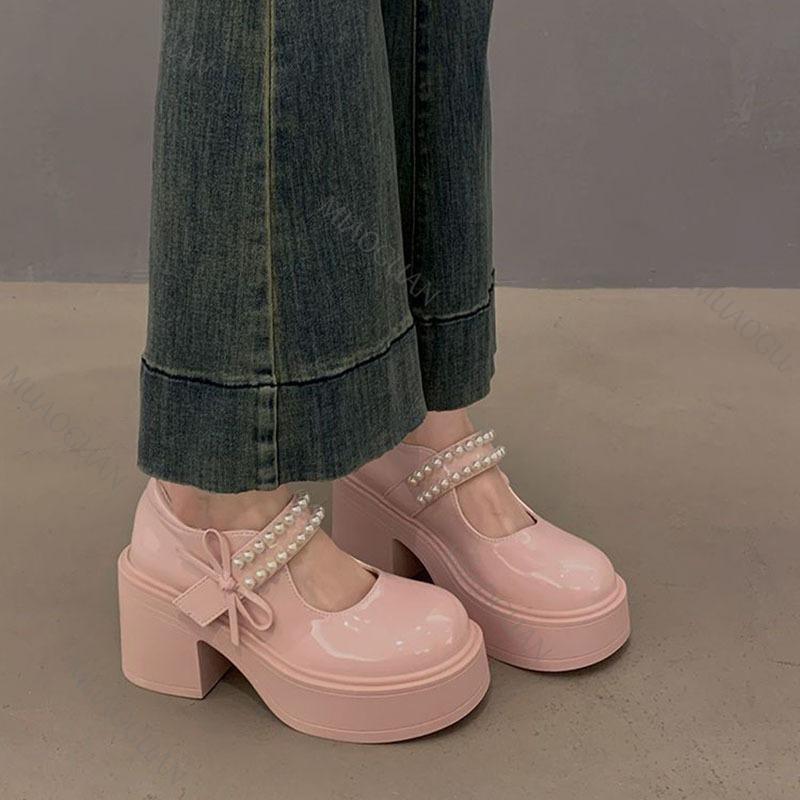 Fashion Pink Thick Bottom Mary Jane Shoes Women Spring Autumn New Sweet Pumps Fashion Pearl Retro Thick High Heel Loafers Women's Shoes