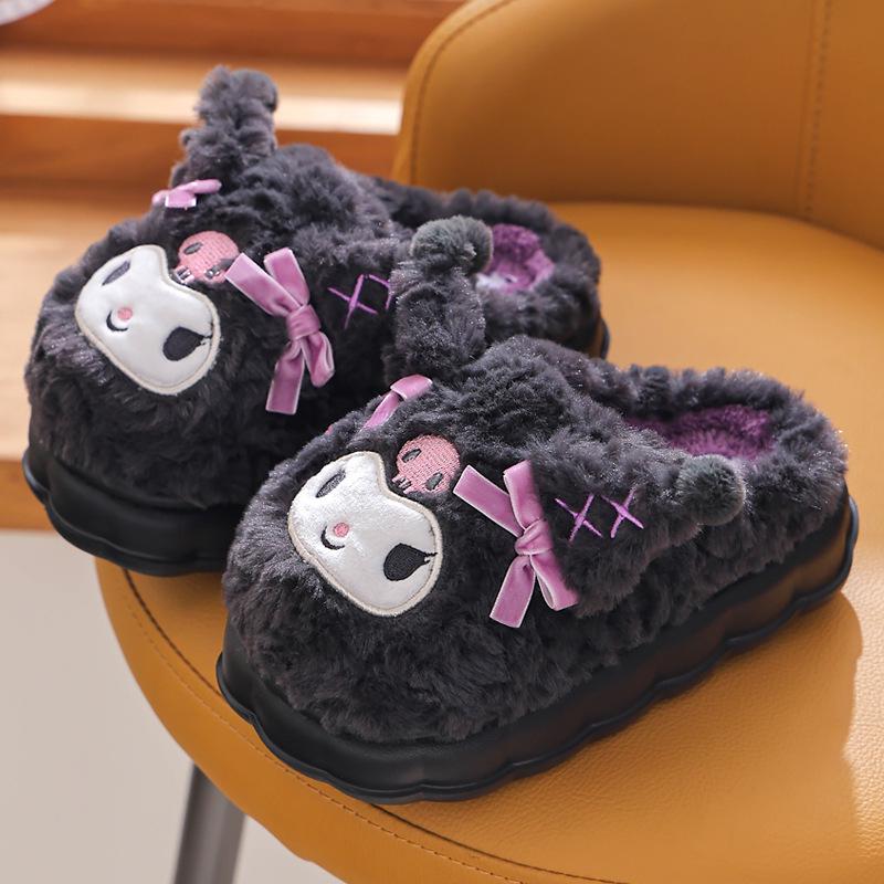 Sanrio Winter Furry Cotton Slippers for Girls – Warm Indoor Cartoon Shoes with Thick Soles, available in Parent-Child Sizes.