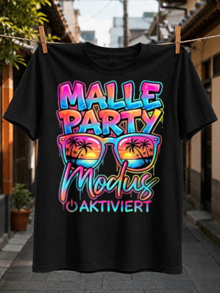 Gerunisex Malle Party Modus Aktiviert Rainbow Neon Graffiti Lettering With Tropical Sunset And Palms Unisex All TShirt
