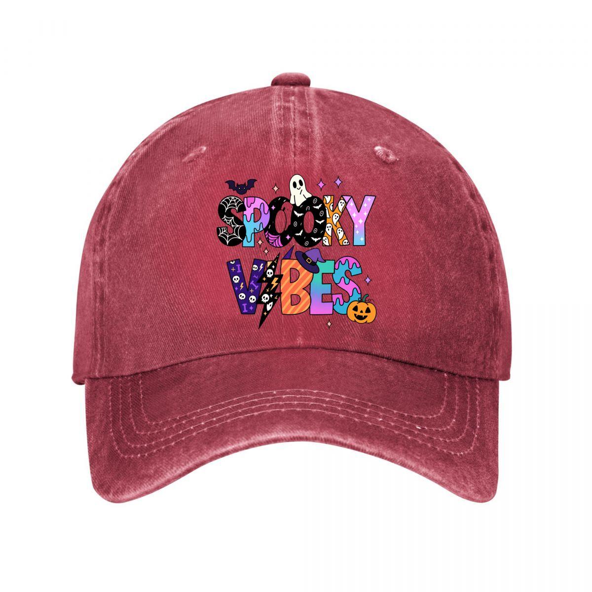 Spooky Vibes Halloween Ghost Bats Pumpkin Boo Washed Baseball Cap Outdoor For Womens Unisex FeUnisex One Size