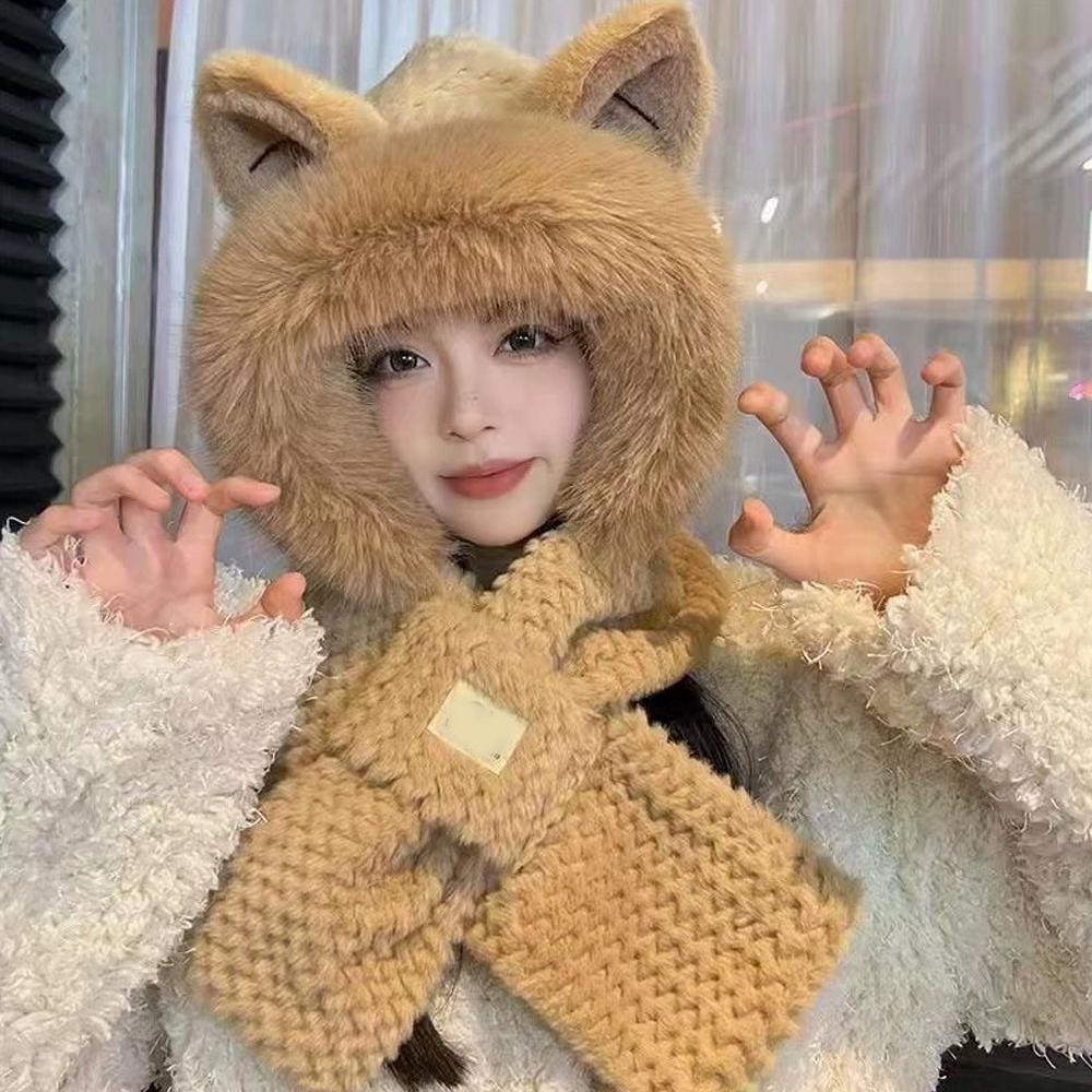 Cute Fox Ears Plush Baotou Ear Protection Winter Warm Hat Collar Scarf Integrated Winter Autumn Winter