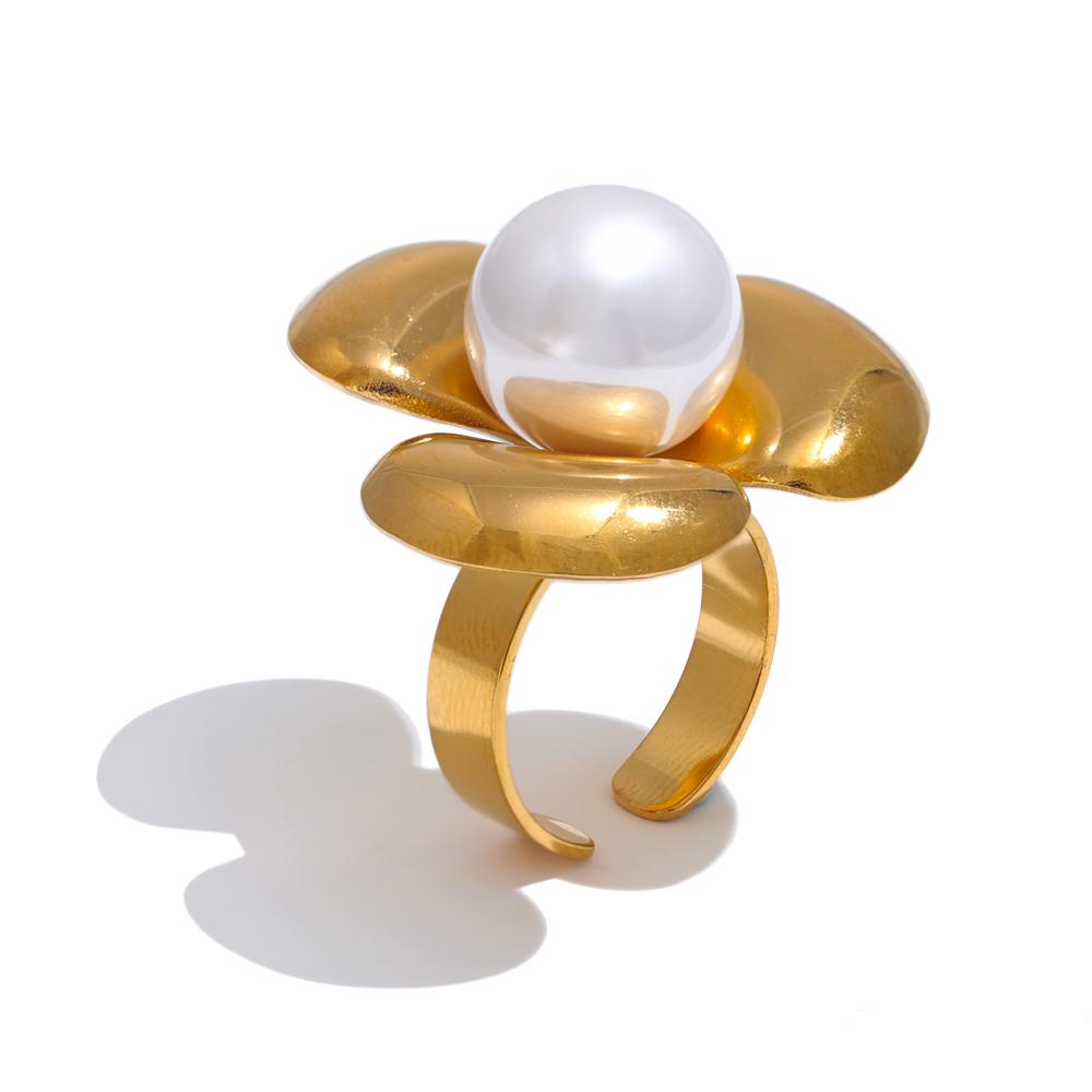 

Yhpup Trendy Bright Simulated Pearl Metal Flower Big Open Golden Ring Adjustable Water Resistant Stainless Steel Fashion Jewelry resizable