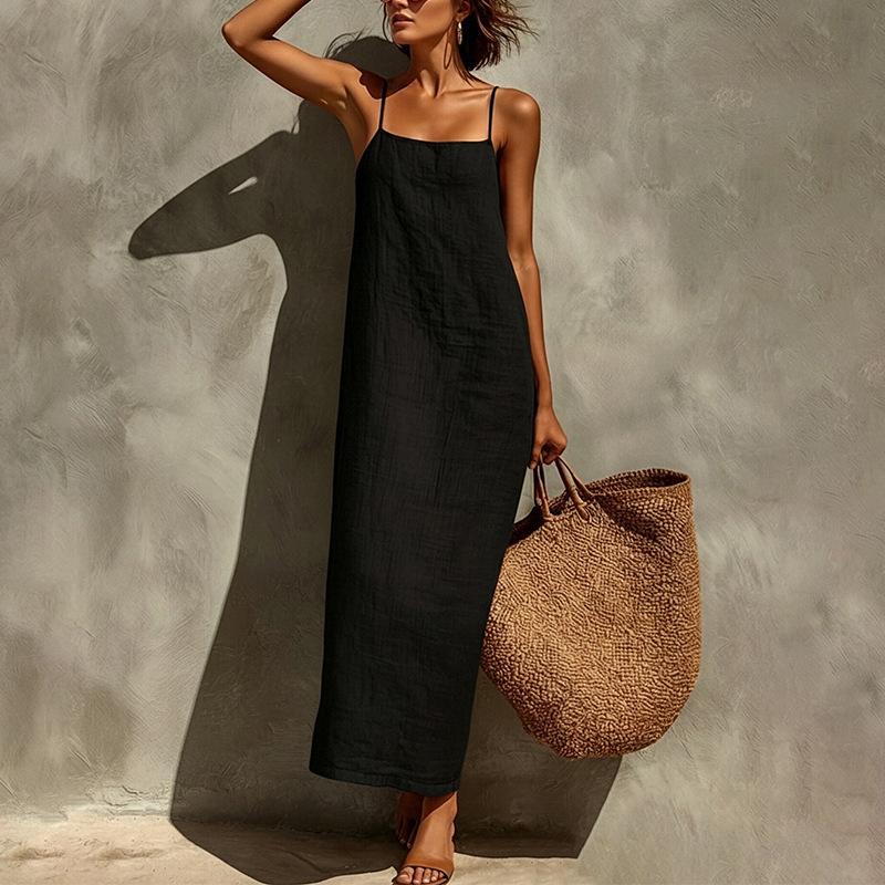 New summer clothing, European and American women's clothing, casual vacation style solid color suspender dress, long dress for women