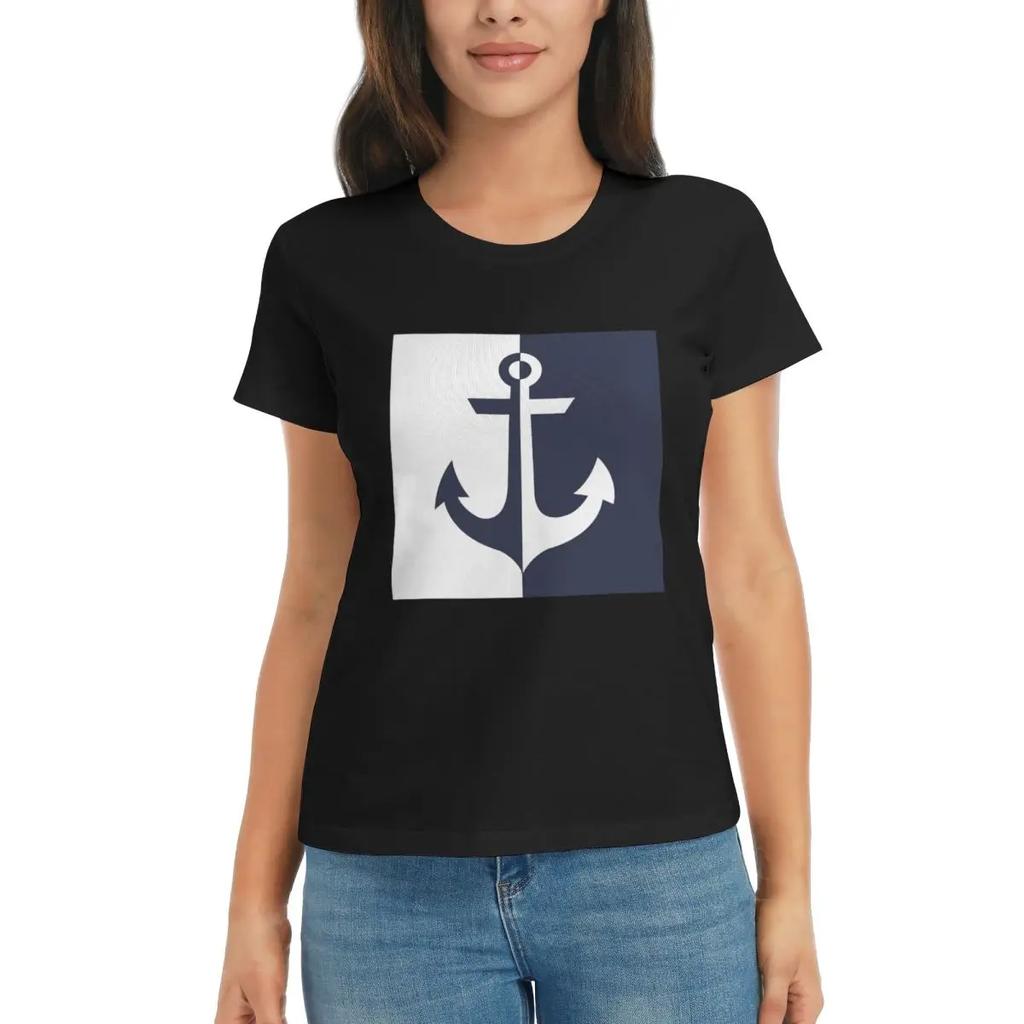 Women TShirt Nautical White And Navy Blue Anchor Summer Short Sleeve Tees Round Neck Cotton T Shirts Clothes Tops Streetwear