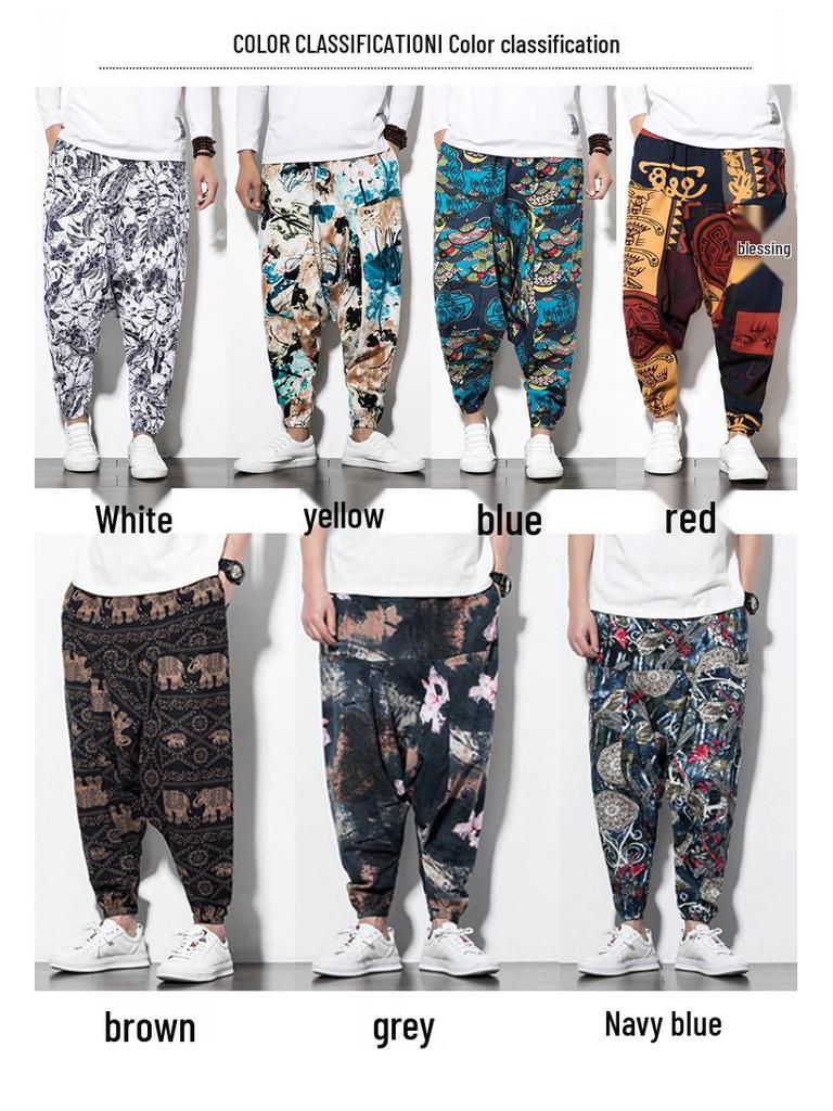 2023 Spring Men's Chinese-Style Cotton Linen Harem Pants - Printed Hip Hop Trousers