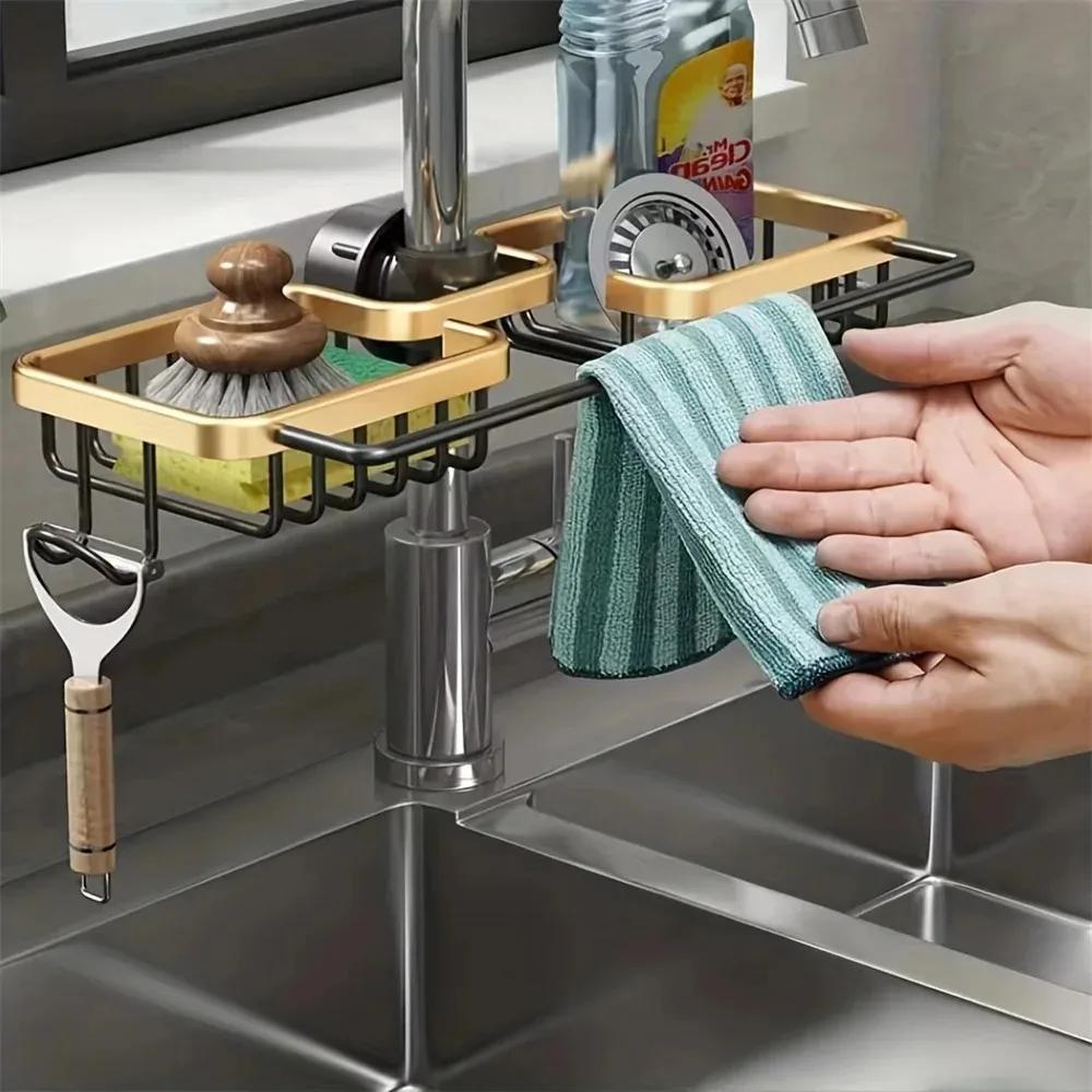 Kitchen Sink Drain Rack Organizer Aluminum Self-draining Sink Shelf Soap Sponge Holder Dishcloth Towel Removable Kitchen Storage