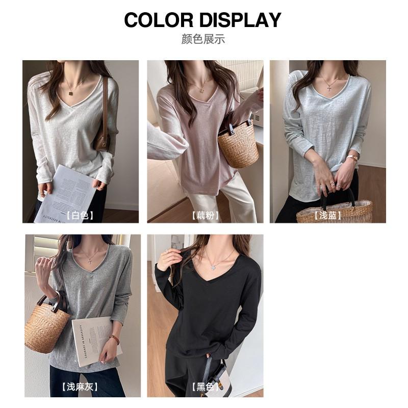Oversized V-Neck Long Sleeve T-Shirt Women Soft Cotton Blend Loose Fit Casual Top Korean Style Layering Base