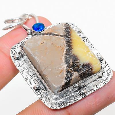 Natural Septerian Stone, Blue Topaz 925 Sterling Silver Pendant 2.36" C1I26