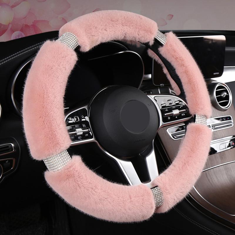 Four Seasons Universal 38cm Car Steering Wheel Cover With Bling Rhinestones Diamond Fur Furry Rhinestone Mosaic Car Accessories