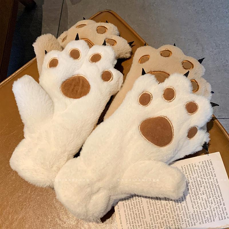 Cartoon Bear & Cat Paw Plush Gloves - Women's Fleece-Lined, Cold-Proof Winter Cycling Accessory