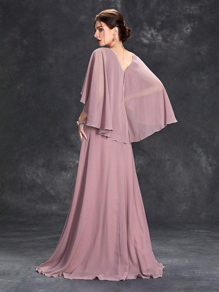 Elegant V-Neck Sequined Evening Gown with Trumpet Sleeves and Embroidered Applique