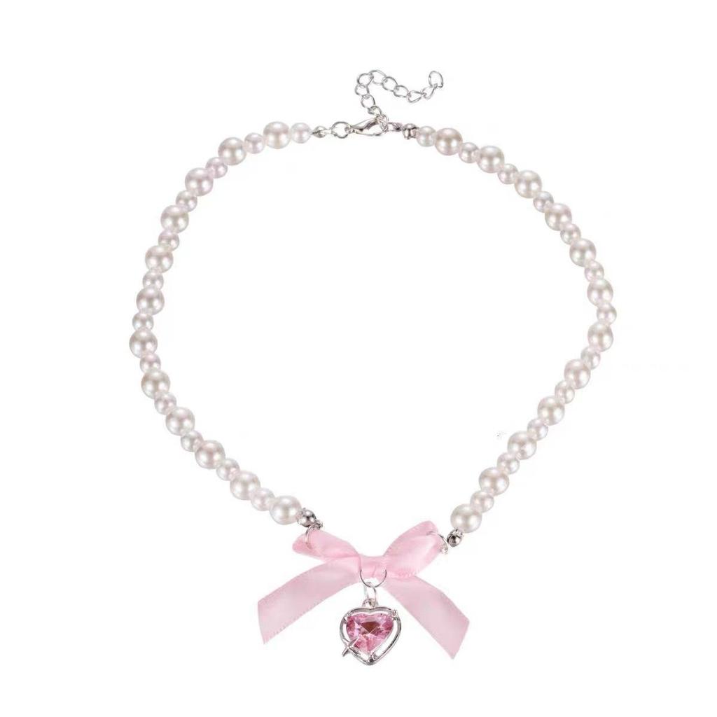 French Pink Heart Bow Pearl Princess Choker Necklace - Cute Clavicle Chain Luxury Accessory