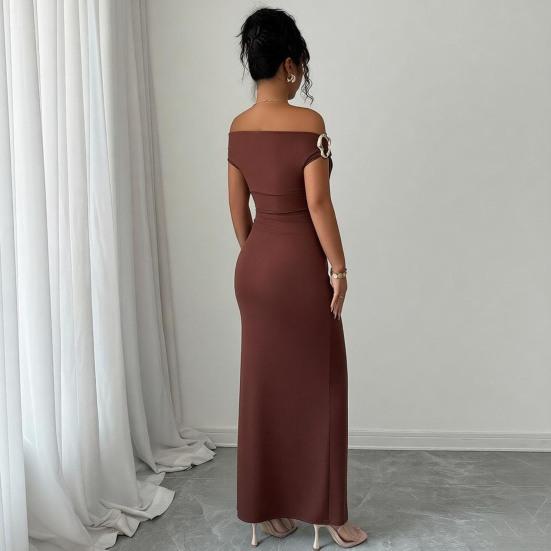 Off The Shoulder Maxi Dress for Women Ruched Fishtail Sexy Bodycon Long Dress with Metal Accent Wedding Guest Party Evening Gown