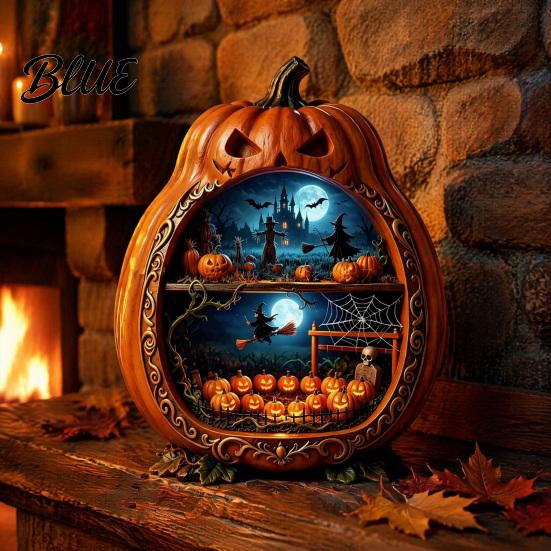 Witch And Castle Decor Halloween Centerpiece Pumpkin Wooden Pumpkin Ornament with Miniature Scenes Rustic Shelf Skeleton for Farmhouse Home