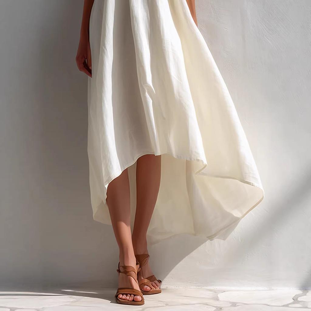 Europäisches und amerikanisches Sommerkleid, vorne kurz und hinten lang, unregelmäßig, für den Urlaub, lässig, ärmellos, schräg geschnittene Schulter