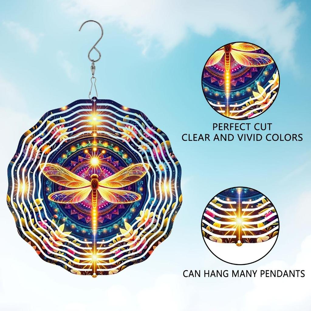 Bohemian Mandala Dragonfly Wind Spinner - 2D Stainless Steel Garden Art, Handcrafted Floral Metal