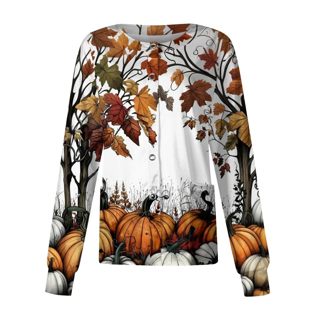 Womens Long Sleeve Button Front Cardigan Halloween Print Spider Web Pattern Lightweight Knit Top for Casual Wear and Work Uniform