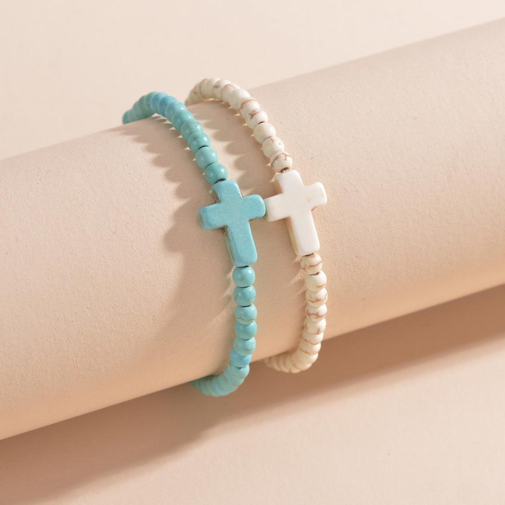 European and American jewelry, ethnic style cross turquoise beaded bracelet women, retro two-piece bracelet set