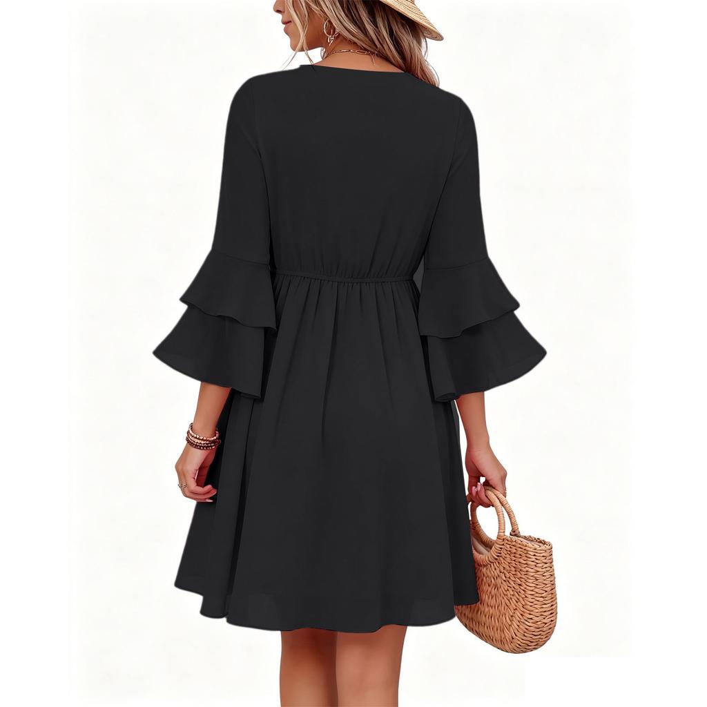 Women’s V Neck Floral Print Dress with Ruffle Sleeves and Elastic Waist Casual Loose Fit A Line Mini Dress
