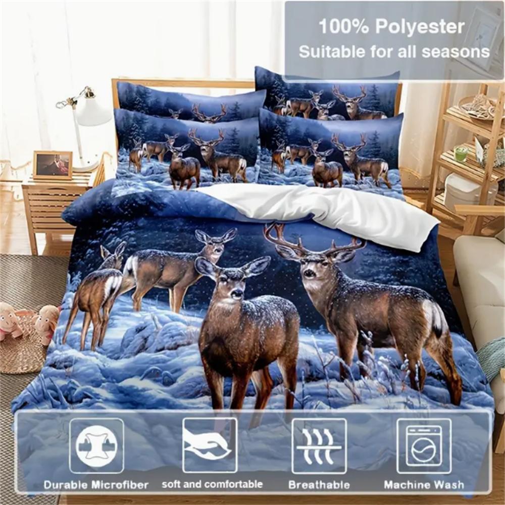 3pcs Deer Duvet Cover Set (1*Duvet Cover + 2*Pillowcases, Without Core), 3D Print Wild Animal Deer Duvet Cover With Pillowcase