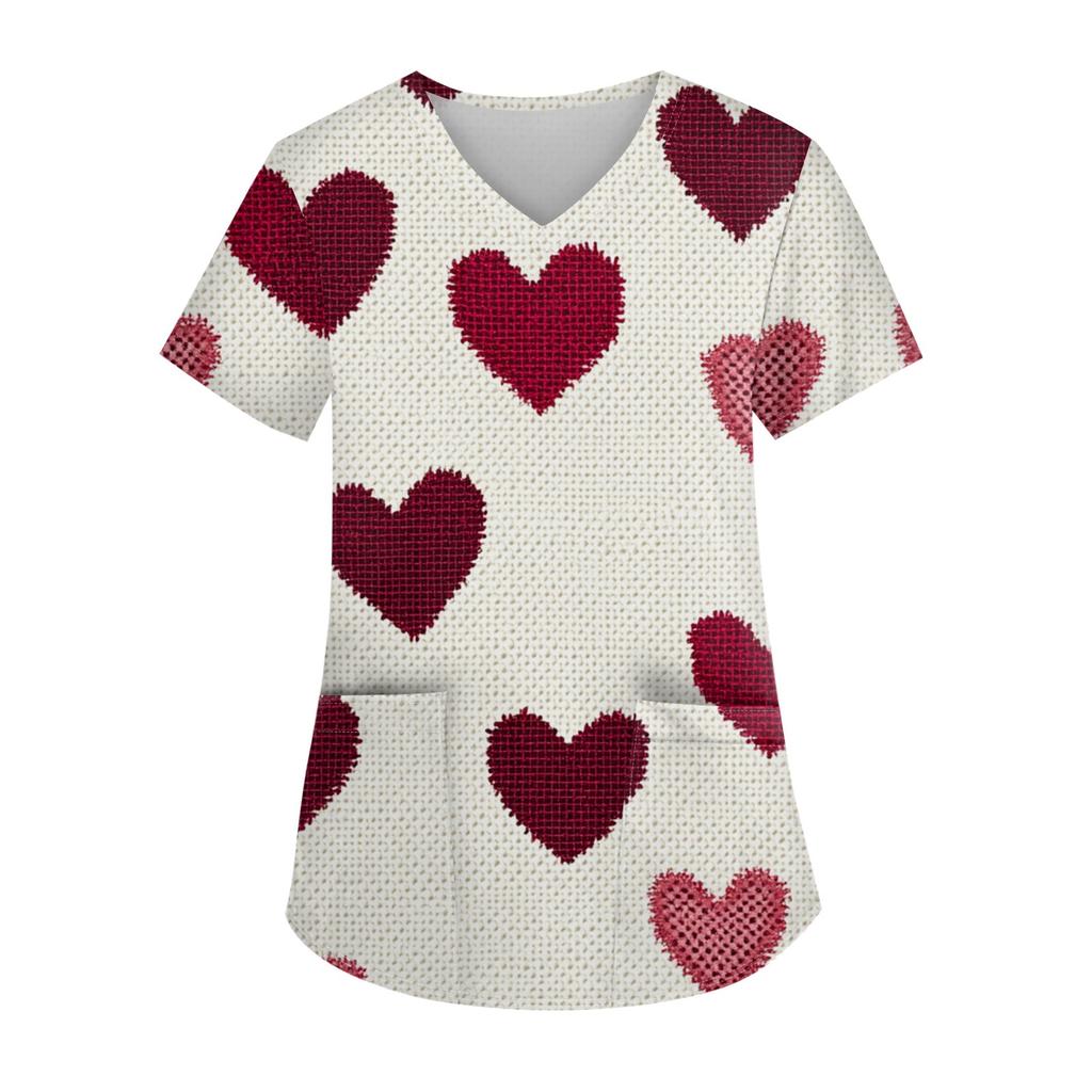Damenmode, lässig, kurzärmelig, mit Herz-Print, V-Ausschnitt, Oberteil zum Valentinstag