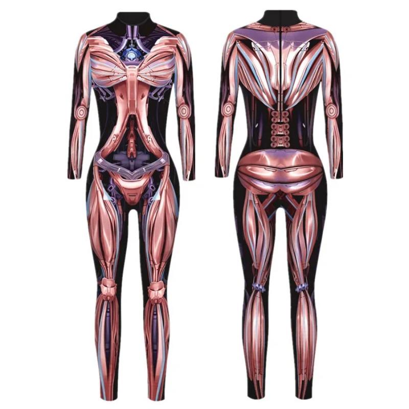 New Robot Armor 3D Digital Print Muscle Bones Tights Zentai Women's Halloween Party Cosplay Sexy Bodysuit 2024