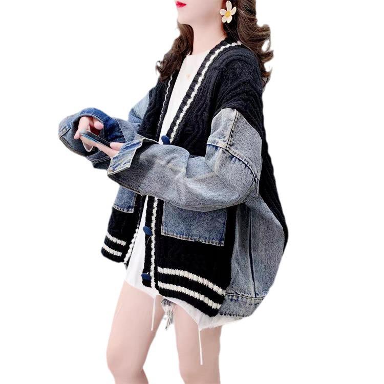 Women's Retro Patchwork Denim Cardigan Sweater – Versatile Loose-Fit Trend