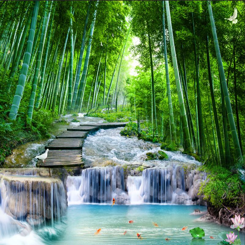 Custom 3D Photo Wallpaper Wall Painting Living Room Bedroom Bamboo Forest Wooden Bridge Stream Water Mural De Parede Waterfall