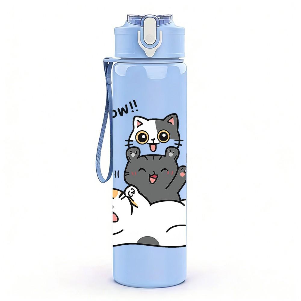 1PC Lazy Stacked Cats Cartoon 750ml Color Plastic Sports Water Bottle Leakproof Flip Straw Lid Suitable for Sports Office Home Use
