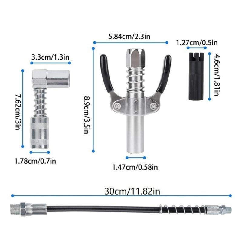 Grease Coupler Lubrication Fitting with Locking Handle, Extension Hose and Metal Needle Nozzles for Vehicle Maintenance