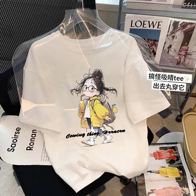 

Женская одежда больших размеров для полных, футболка с короткими рукавами с мультяшной девочкой, лето, в иностранном стиле, скрывающая недостатки, топ с рукавами до локтя S
