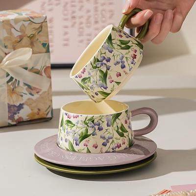 Coffee Cup Saucer Set Flower Afternoon Tea Ceramic High Value Mug Souvenir Ins Wind Oil Painting Retro Women