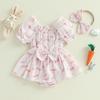 Baby Mädchen Ostern Strampler Kleid Hase Gedruckt Kurze Puffärmel Gesmokter Jumpsuit mit Schleifen-Stirnband