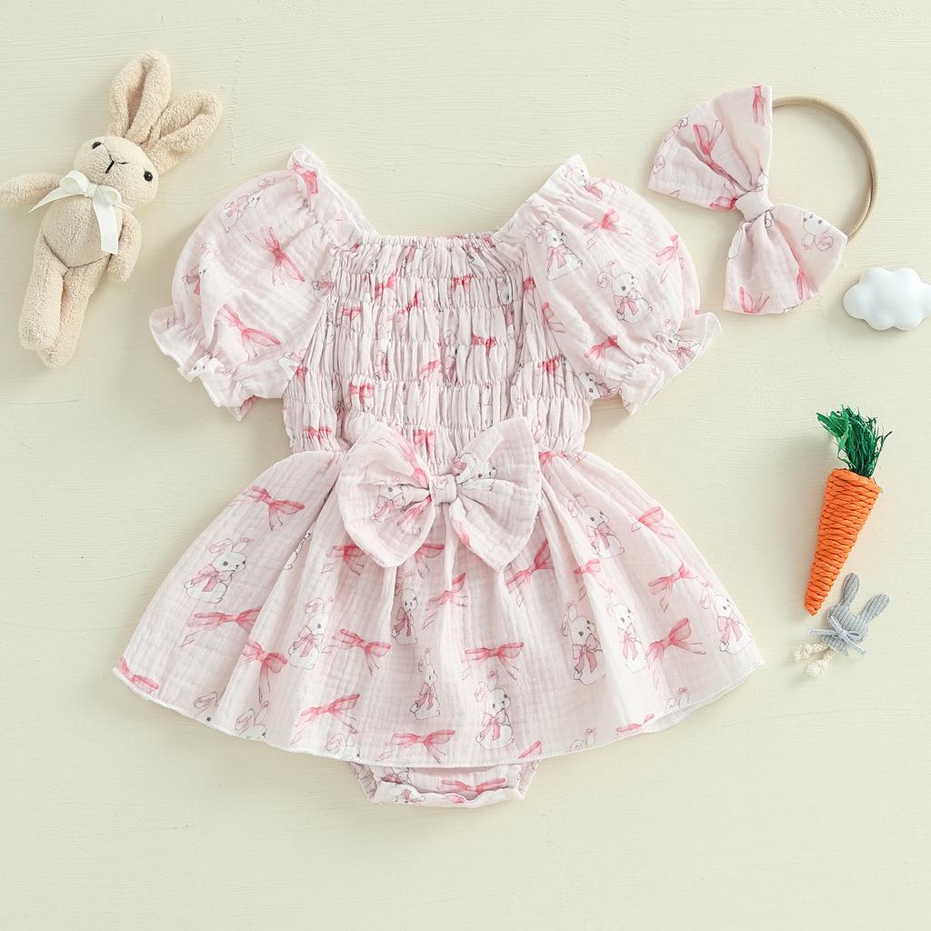 Baby Mädchen Ostern Strampler Kleid Hase Gedruckt Kurze Puffärmel Gesmokter Jumpsuit mit Schleifen-Stirnband
