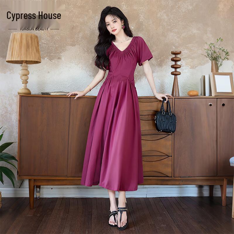 Elegant Short Sleeve V-Neck Waist-Cinching Midi Dress S