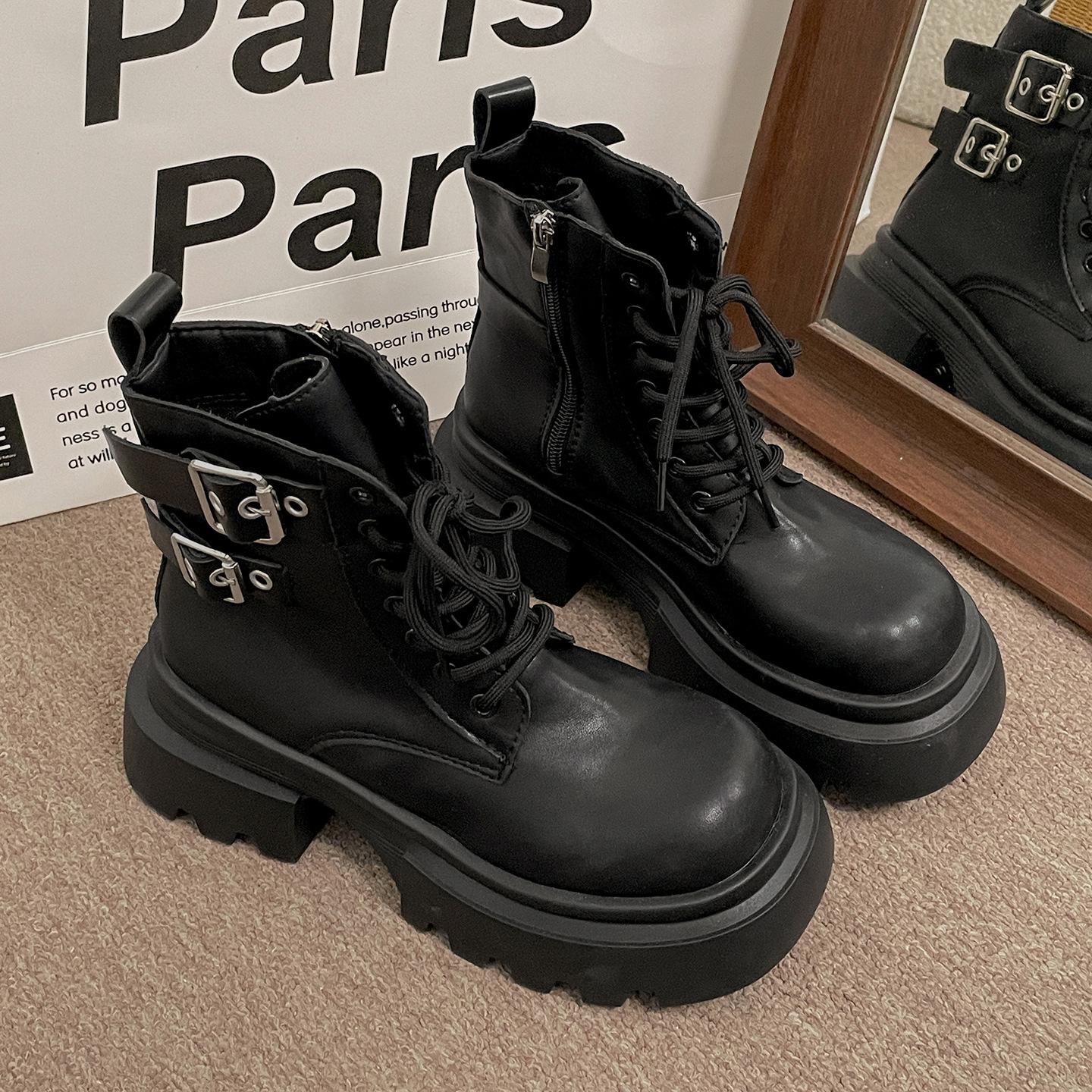 

Women Fashion Buckle Platform Ankle Boots 2026 Autumn Lace Up Thick Sole Motorcycle Boots Woman Plus Size Pu Leather Boots 35 чёрный