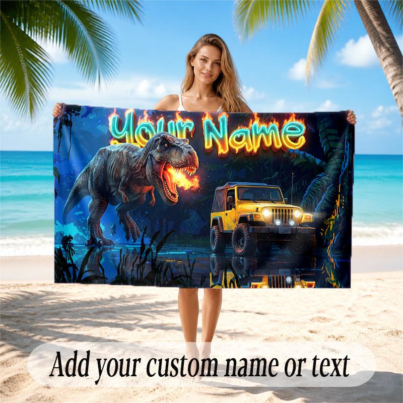 Dinosaur Theme Quick Dry Beach Towel Custom Name Text Print Large Sand Resistant Towel Beach Vacation