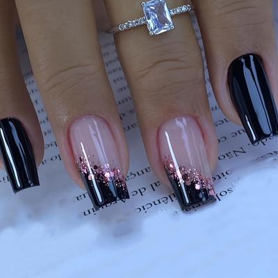 Čtvercový tvar Středně dlouhá Press On Nails s černým a nahým barevným blokem se stroboskopickými úpravami - Módní sada odnímatelných nehtů