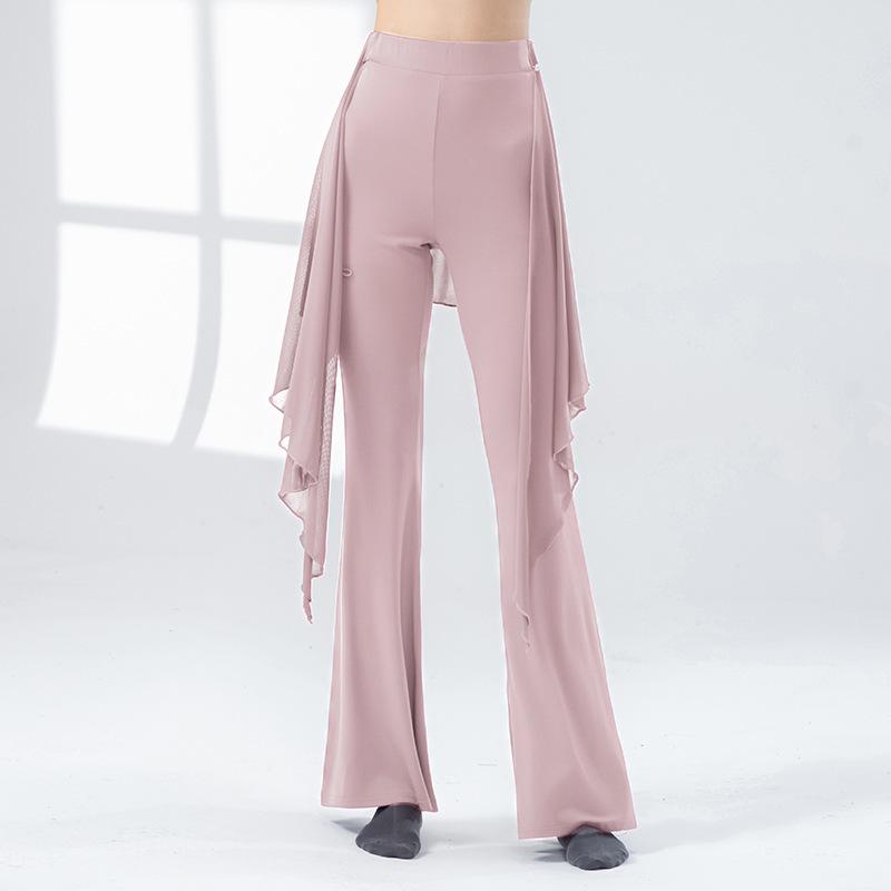 Modern Dance Pant Women Long Microflared Latin Trousers Mesh Wrap Skirt Classical Practice Costume Stage Line Dancewear Female