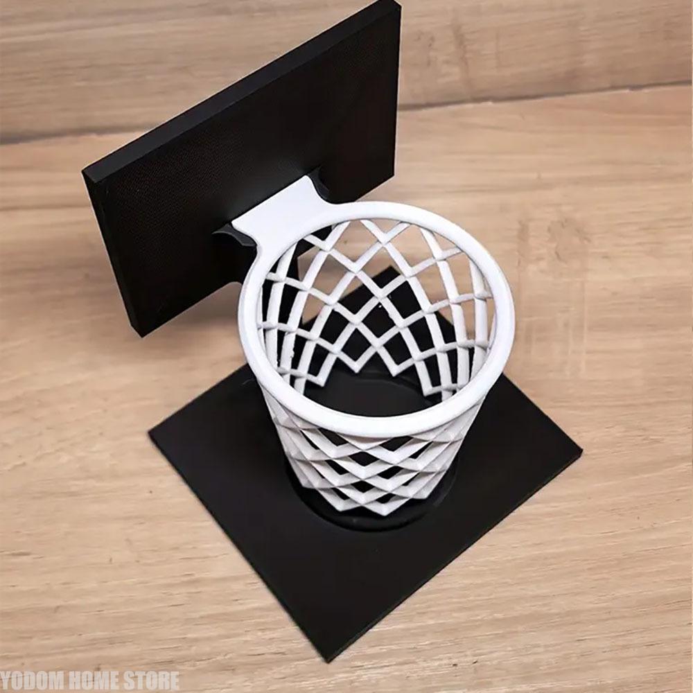 Basketball Hoop Pen Holder 3D Printed - Creative Desktop Organizer with Black Base and White Mesh Design Space-Saving